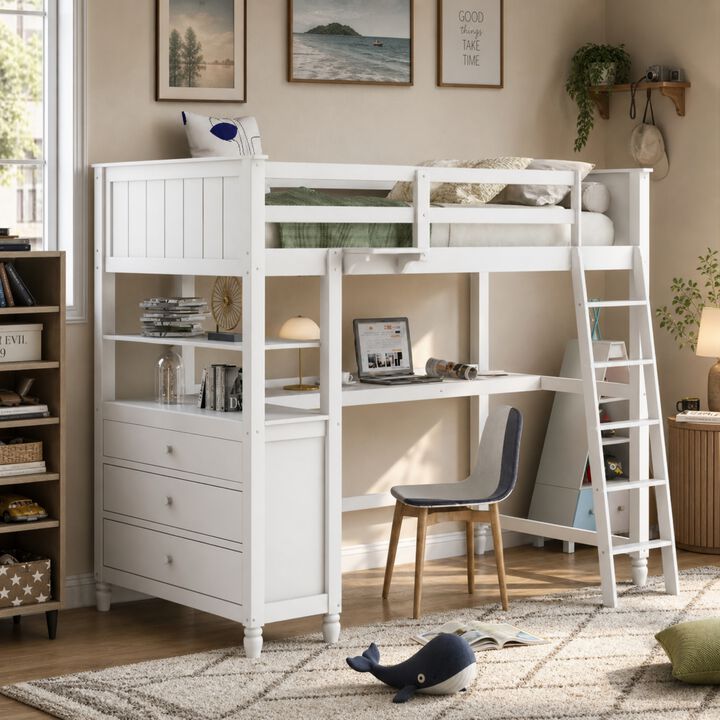 Whisen Twin Size Loft Bed with Desk Drawers Shelves, Solid Wood for Kids Bedroom