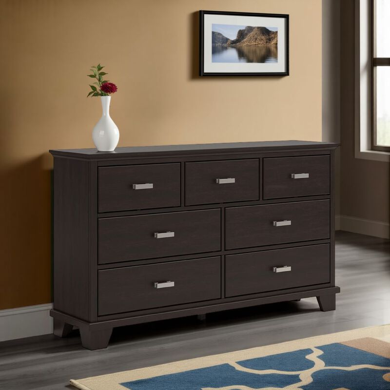 Teno Wide Dresser, 7 Drawers Nickel Handles, Dark Brown Solid Hardwood - Benzara