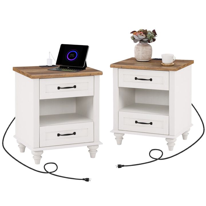 WAMPAT Set of 2 White Nightstands with Charging Station & 2 Drawers, Mid Century Modern End Tables for Living Room, Night Stand