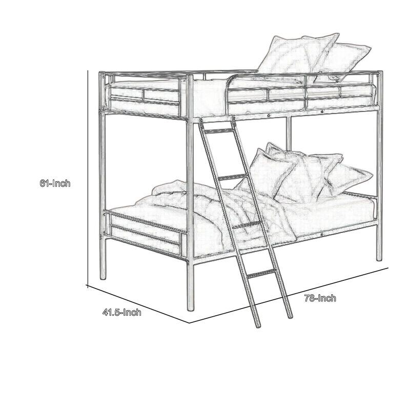 Mylz Twin Loft Bed, 61 Inch, White Metal Frame, Attached Angled Ladder