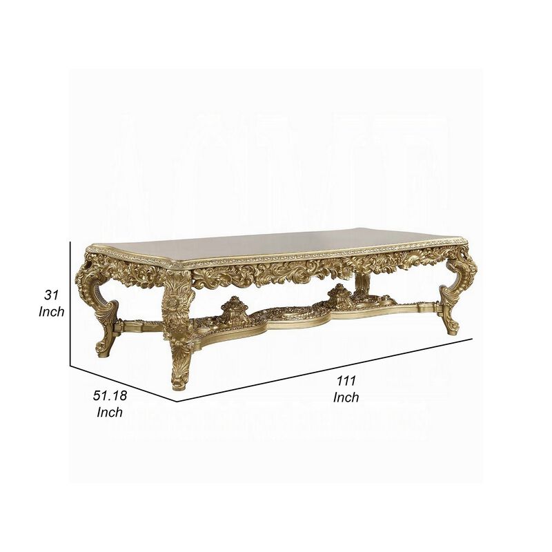 Rexx Dining Table, Classic Carved Gold Wood, 111 Inch Rectangular Top - Benzara
