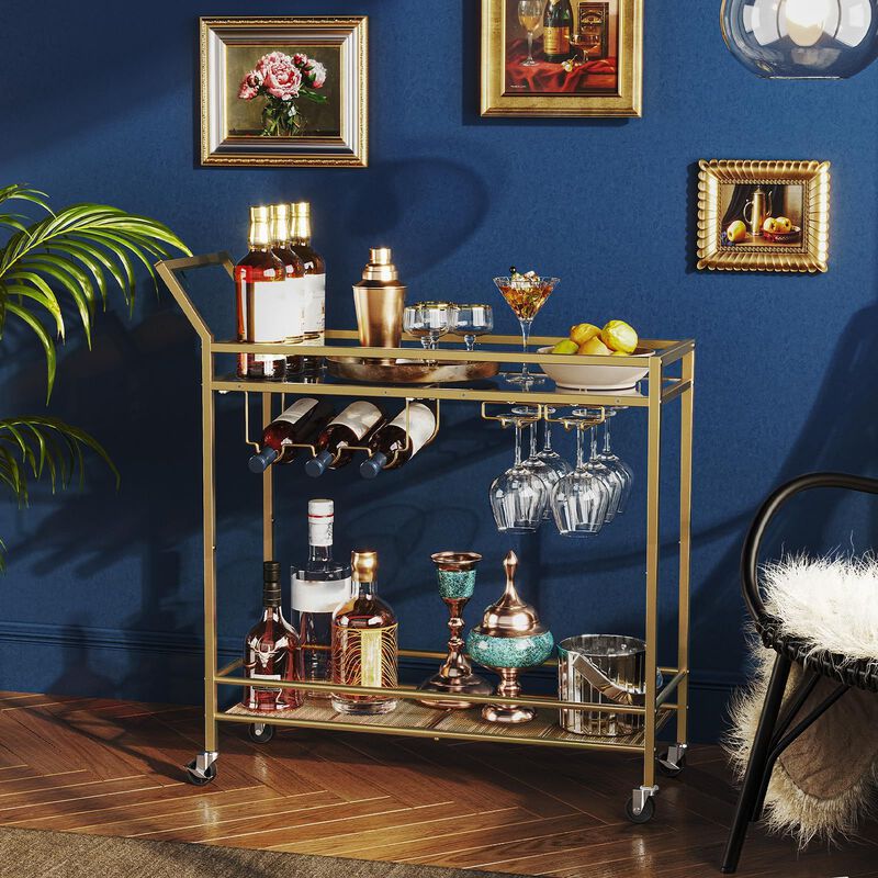 Bar Cart on Wheels with Wine Rack, Glass Holder, and Guardrail for Drinks-Gold image number 1