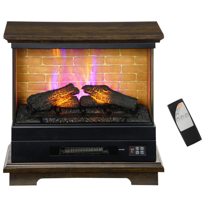 HOMCOM 26" Electric Fireplace Stove, 1400W Freestanding Fire Place Heater with Adjustable 3D Flame, Remote Control, Timer, Realistic Logs, Brown