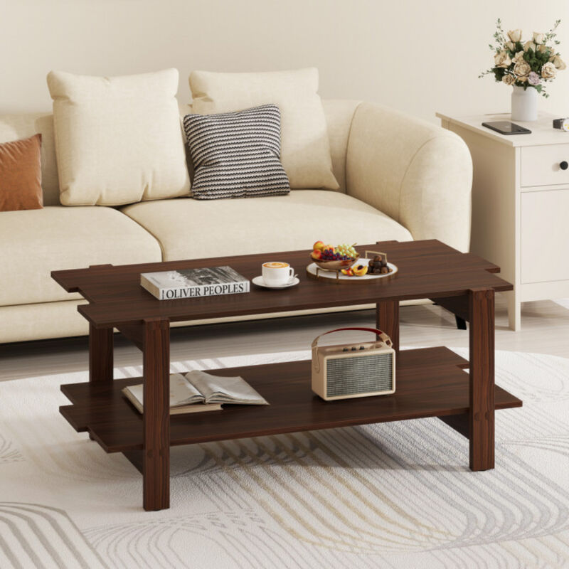Modern 2-Tier Coffee Table with Slatted Wood Design and Storage Shelf image number 4