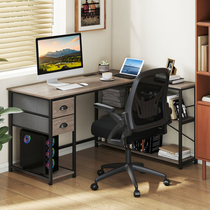 Corner L Shaped Computer Desk with Charging Station and Fabric Storage Drawers