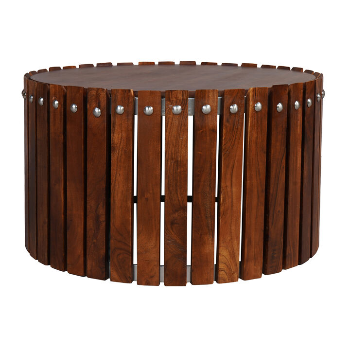 Myla 31 Inch Handcrafted Round Coffee Table with Vertical Planks, Iron Rivets, Dark Walnut Brown Acacia Wood-Benzara