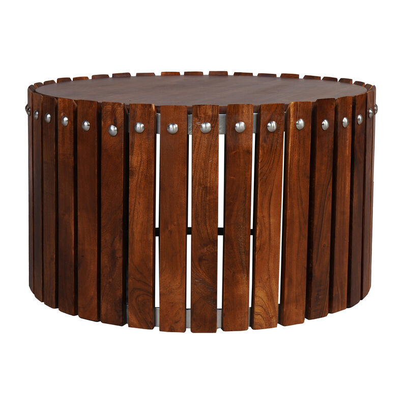 Myla 31 Inch Handcrafted Round Coffee Table with Vertical Planks, Iron Rivets, Dark Walnut Brown Acacia Wood