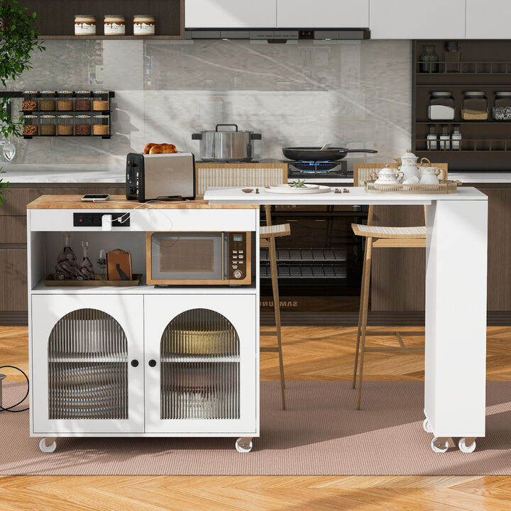 Rolling Kitchen Island With Extended Table, Kitchen island on Wheels with LED Lights, Power Outlets and 2 Fluted Glass Doors, Kitchen Island with a Storage Compartment and Side 3 Open Shelves, White