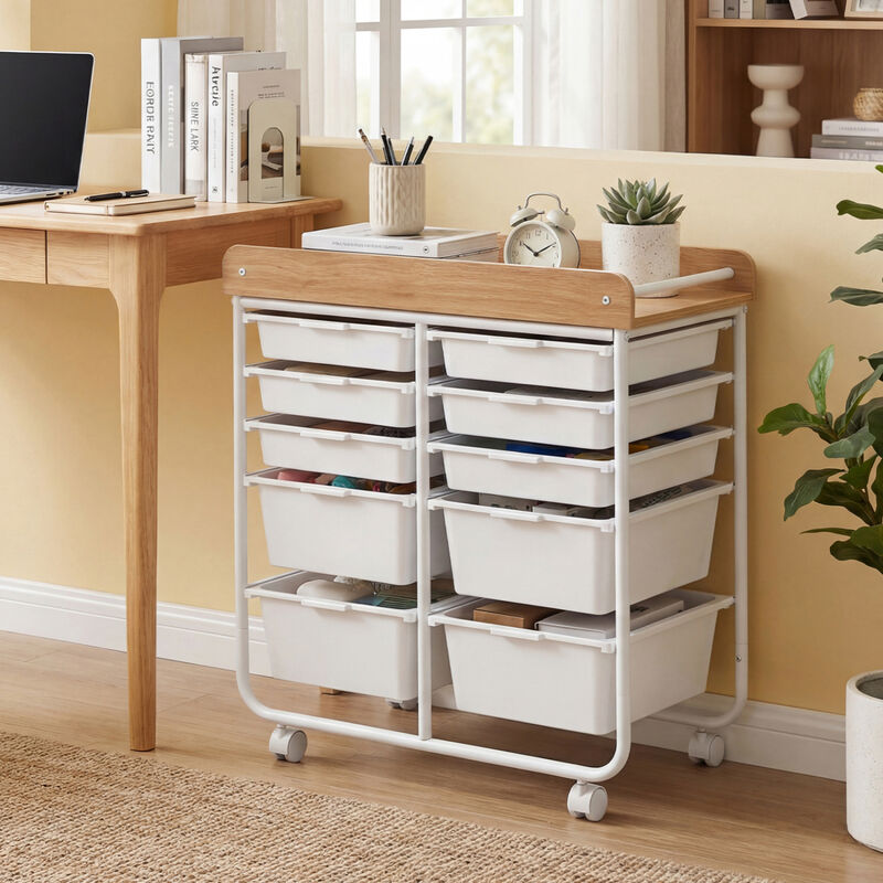 Office Rolling Storage Cart with 10 Drawers, Wooden Tabletop and Locking Wheels image number 1
