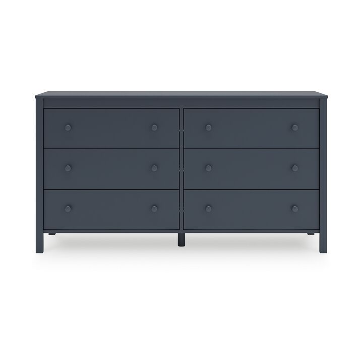 Cian Wide Dresser, 6 Drawers, Knob Handles, Navy Blue Wood, 61 Inch - Benzara