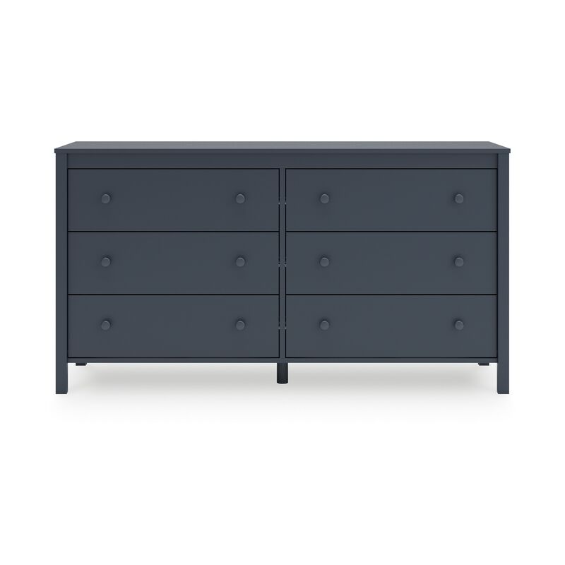Cian Wide Dresser, 6 Drawers, Knob Handles, Navy Blue Wood, 61 Inch - Benzara