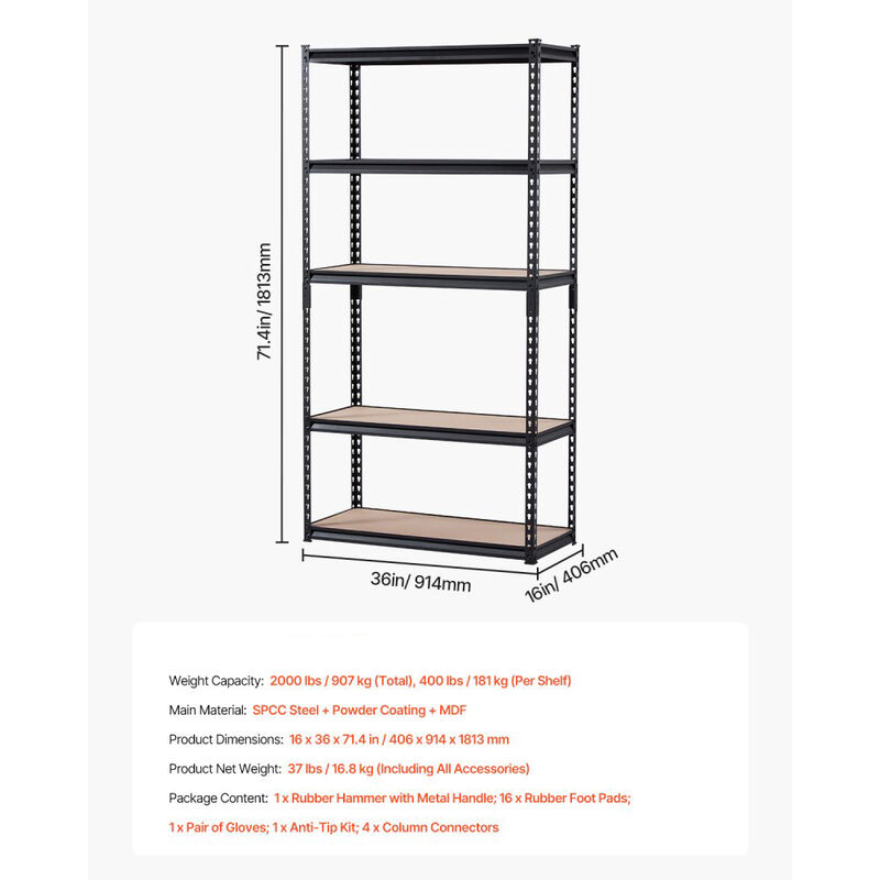 5 Tier Heavy Duty Storage Shelves 2000 Lbs 16 Inch Adjustable Metal Rack image number 2