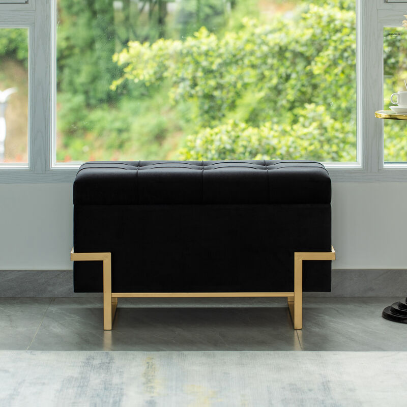 Rectangle Velvet Storage Ottoman Stool Box with Abstract Golden Legs | Decorative Sitting Bench for Living Room Home Decor with Unique Base Support (Black Large)