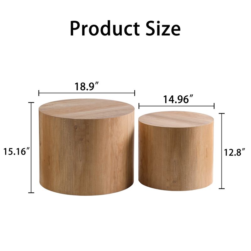 Modern Round Drum Nesting Coffee Table Set of 2, Wooden Cylinder Coffee Tables for Living Room, Space-Saving Design image number 6
