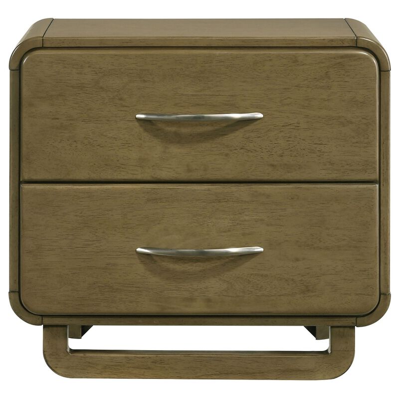 Deon Nightstand, 2 Drawers w Nickel Handles, Sled Legs, Nutmeg Brown - Benzara