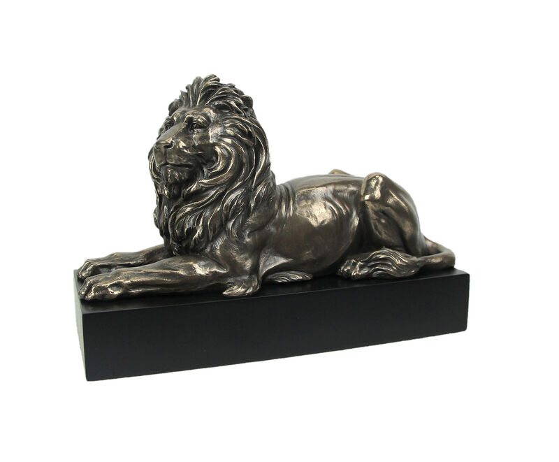 Metallic Bronze Finish Lion Lying on Plinth Tabletop Statue 8.75 Inches Long image number 0