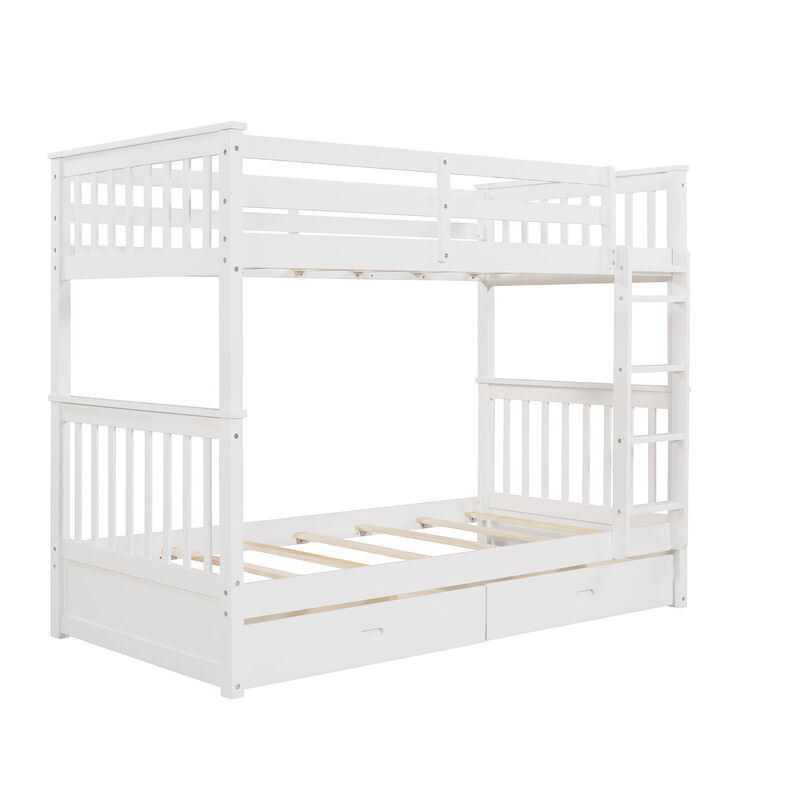 Whisen Twin-Over-Twin Bunk Bed with Ladders and Two Storage Drawers- White