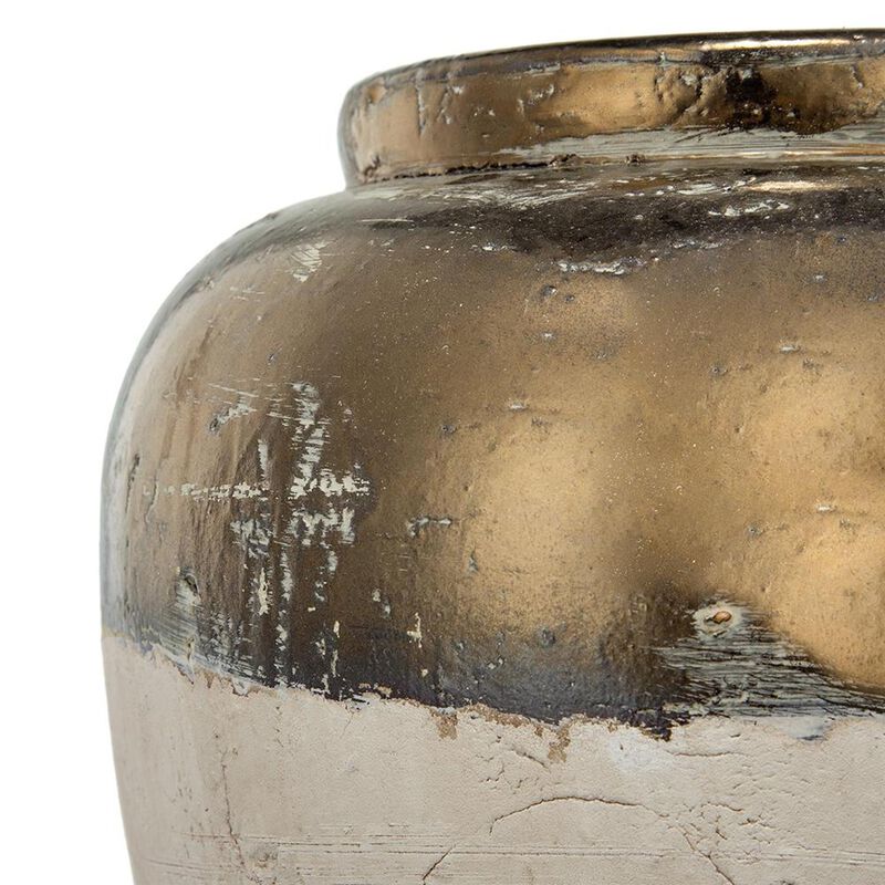 HomeRoots 11" Antiqued Bronze And Light Gray Color Block Ceramic Round Table Vase image number 4