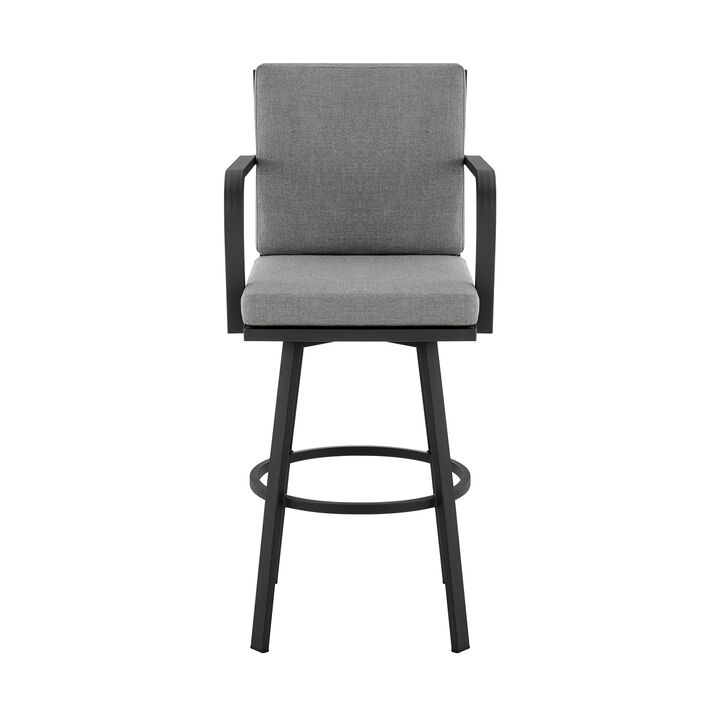 Faye 30 Inch Modern Patio Barstool, Black Aluminum Frame, Gray Cushions-Benzara