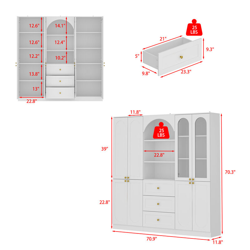 FUFU&GAGA 70.9" Bookcase with Shelves and Drawers for Home Organization (70.9" W x 11.8" D x 70.3" H) White