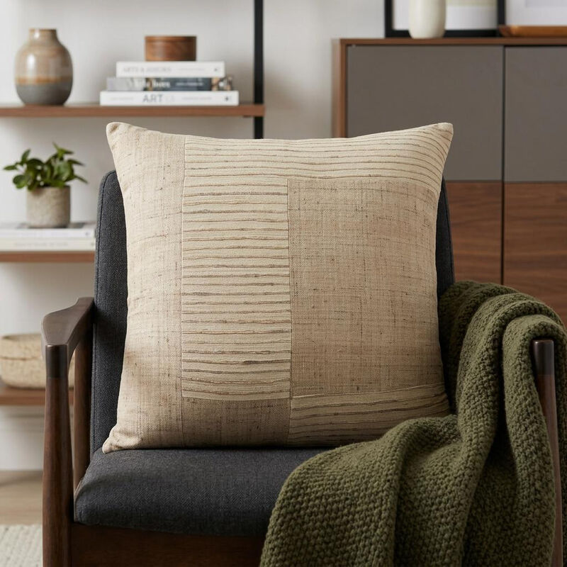 HomeRoots 24" Brown and Beige Geometric Silk Throw Pillow With Embroidery image number 1