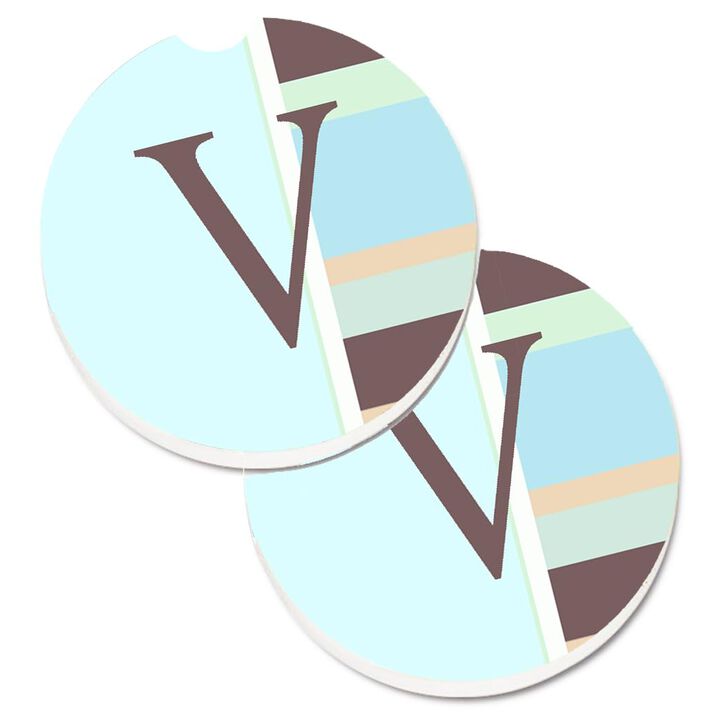 Caroline's Treasures Letter V Initial Monogram - Blue Stripes Set of 2 Cup Holder Car Coasters CJ1003-VCARC, 2.56, Multicolor