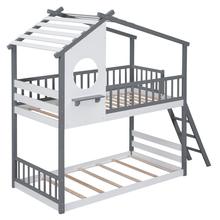 Twin Over Twin Bunk Bed Wood Bed with Roof, Window, Ladder, Gray