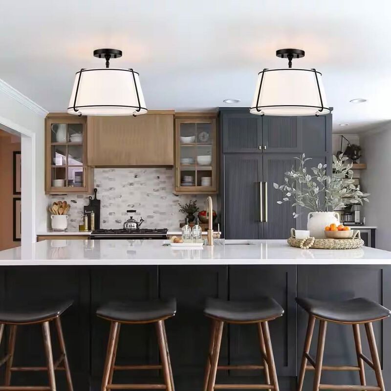 2-Light Round Drum Ceiling Light with Metal - Semi-Flush Mount