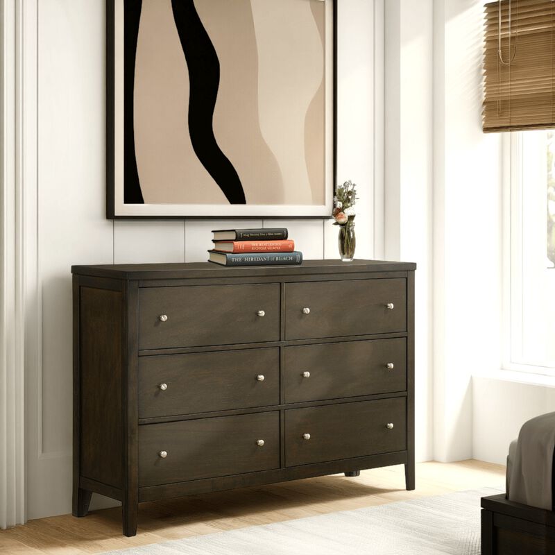 Wily Wide Dresser, Dark Brown Wood, 6 Drawers with Round Nickel Knobs - Benzara