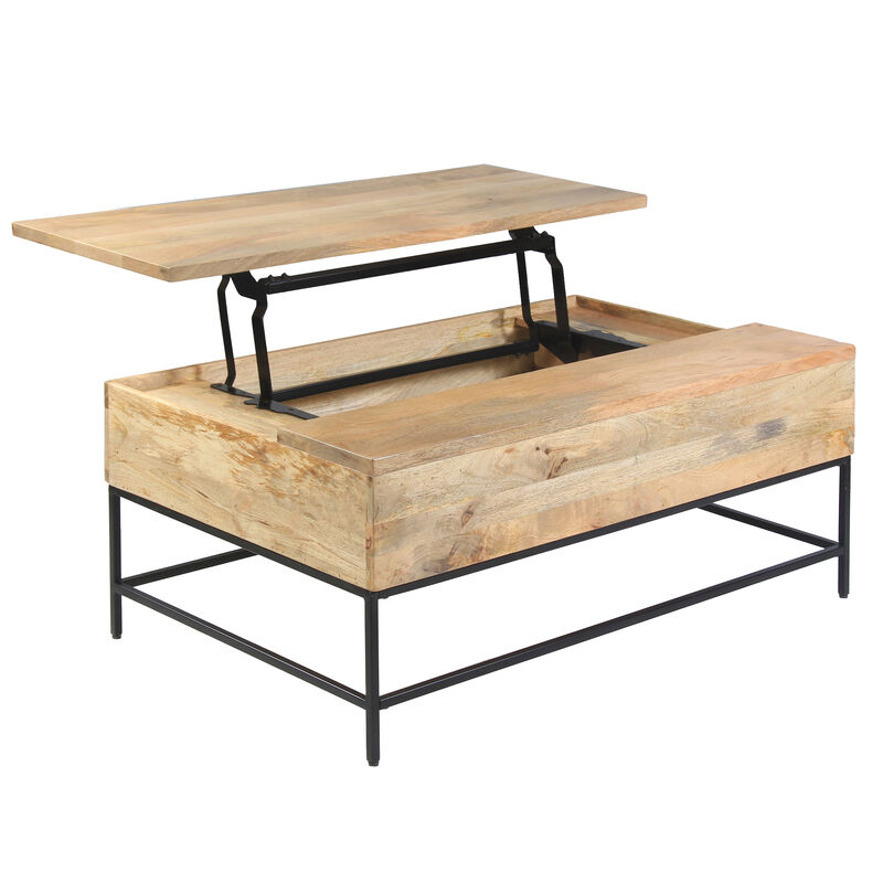 Audrey 45 Inch Handcrafted Mango Wood Coffee Table, Lift Top, Grain Details, Natural Brown, Black