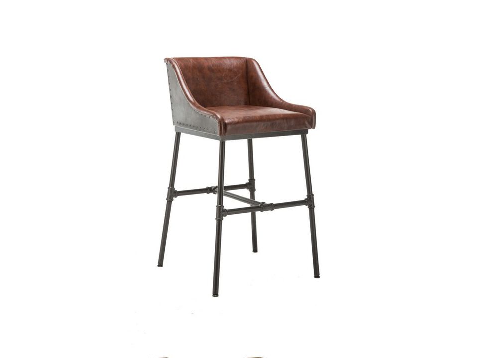 Leatherette Bar Stool with Riveted Metal Backing, Brown and Black-Benzara