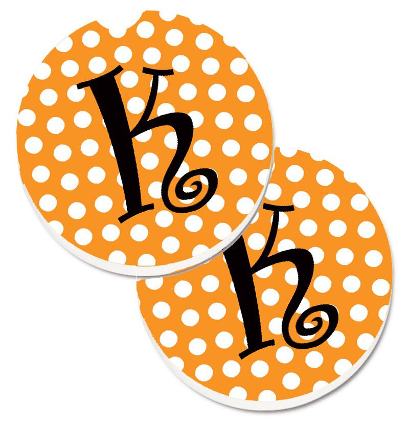 Caroline's Treasures Monogram Initial K Orange Polkadots Set of 2 Cup Holder Car Coasters CJ1033-KCARC, 2.56, Multicolor