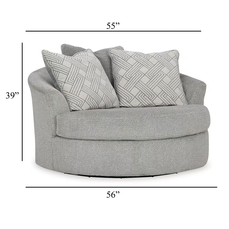 Viney Swivel Round Oversize Chair, 3 Pillows, Cement Gray Polyester - Benzara image number 4