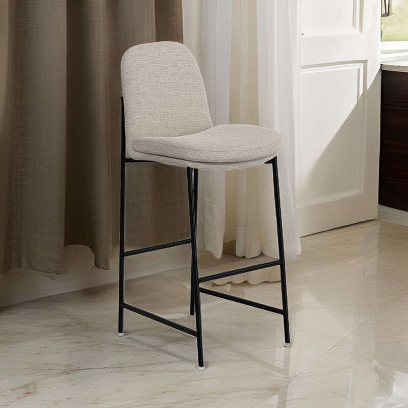 Revee Barstool Chair, Black Iron Frame, Water-Resistant Beige Polyester - Benzara