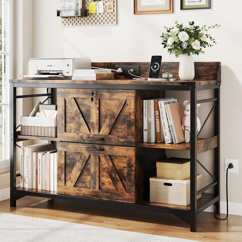 44"W File Cabinet, Lateral Filing Cabinet with 4 Shelves and 2 Drawers, Office Storage Cabinet with Lock & Charging Station, Wooden Printer Stand image number 1