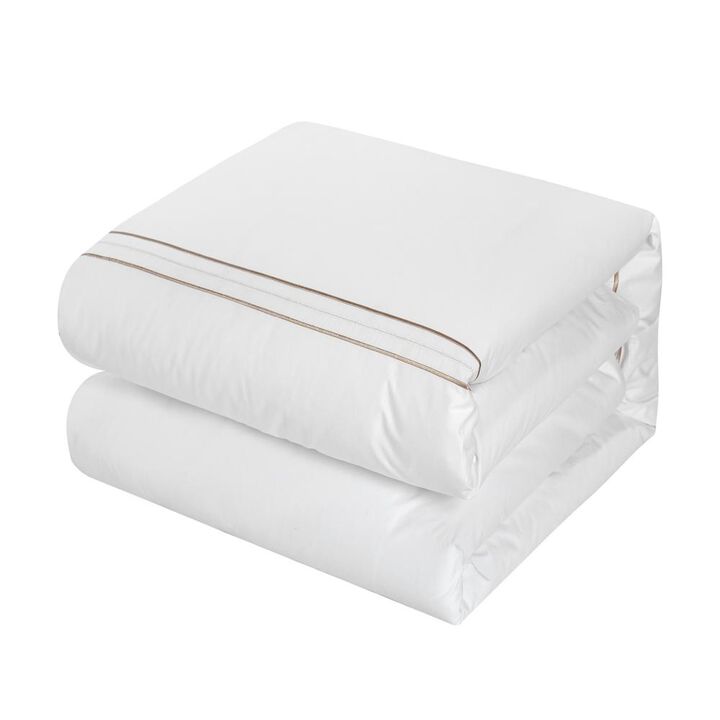 Chic Home Alexander Cotton Duvet Cover Set Solid White With Dual Stripe Embroidered Hotel Collection Bedding - Includes Two Pillow Shams - 3 Piece - King 106x96, Beige