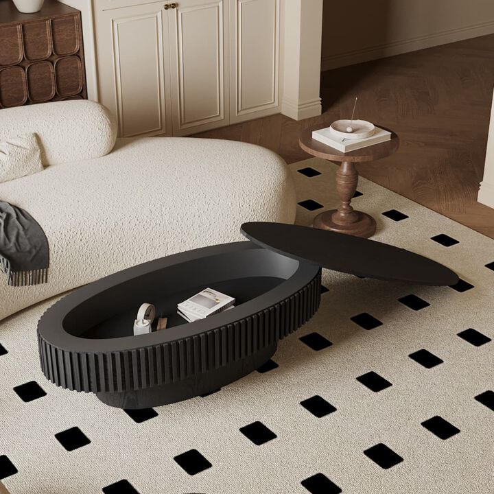 Oval coffee table with storage Solid wood veneer and MDF modern coffee table with fluted base Accent tea coffee table for living room