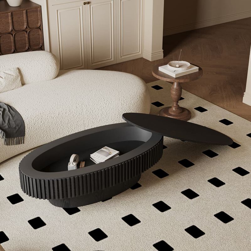 Oval coffee table with storage Solid wood veneer and MDF modern coffee table with fluted base Accent tea coffee table for living room image number 1