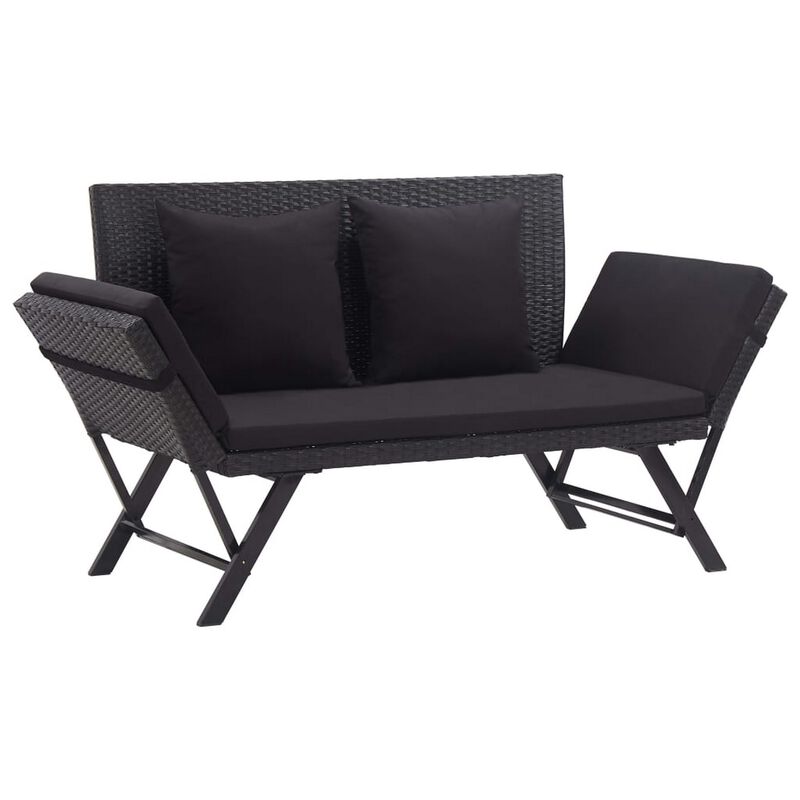 Outdoor Loveseat Bench, Black Fabric Cushions, Rattan, Steel, 51 Inch - Benzara