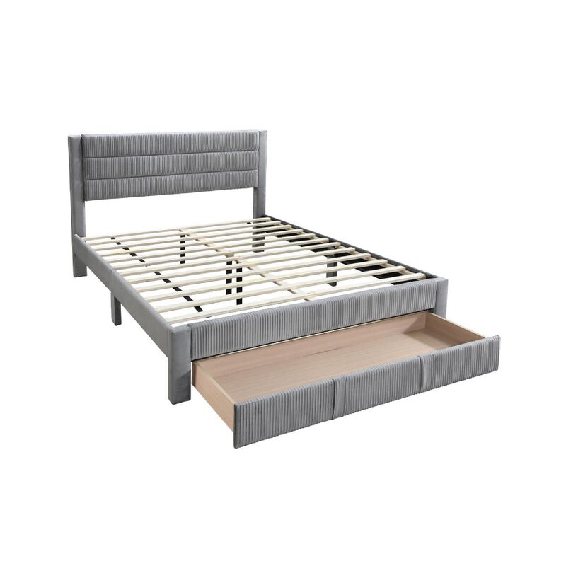 Heo Queen Size Bed w Storage Drawer, Light Gray Corduroy Upholstery - Benzara