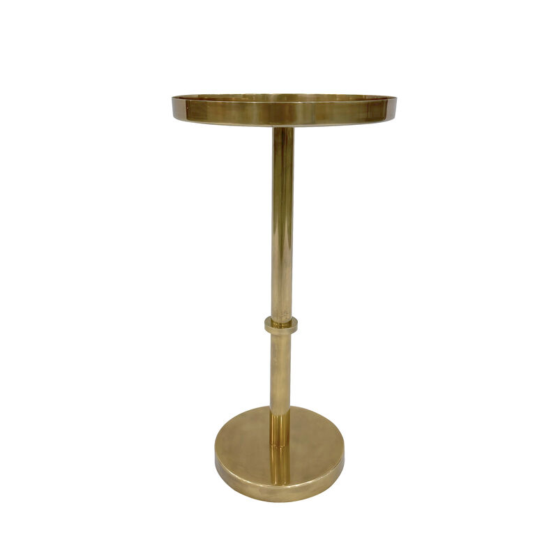 Ara 22 Inch Side End Table, Vintage Sleek Pillar Base, Round Tray Top, Oxidized Antique Brass