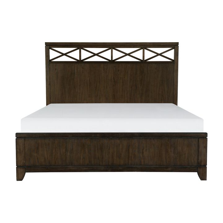 Gia Queen Bed, X Shaped Panel Accents on The Headboard, Dark Brown Wood