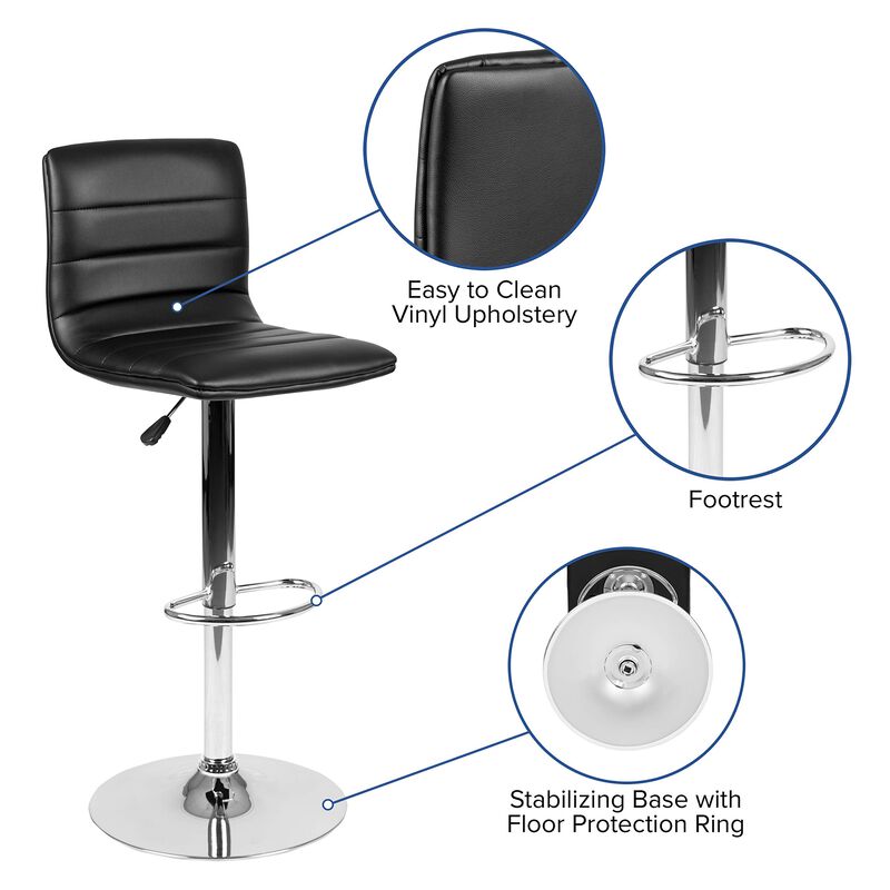 Flash Furniture Vincent Modern Black Vinyl Adjustable Bar Stool with Back, Swivel Stool with Chrome Pedestal Base and Footrest image number 2