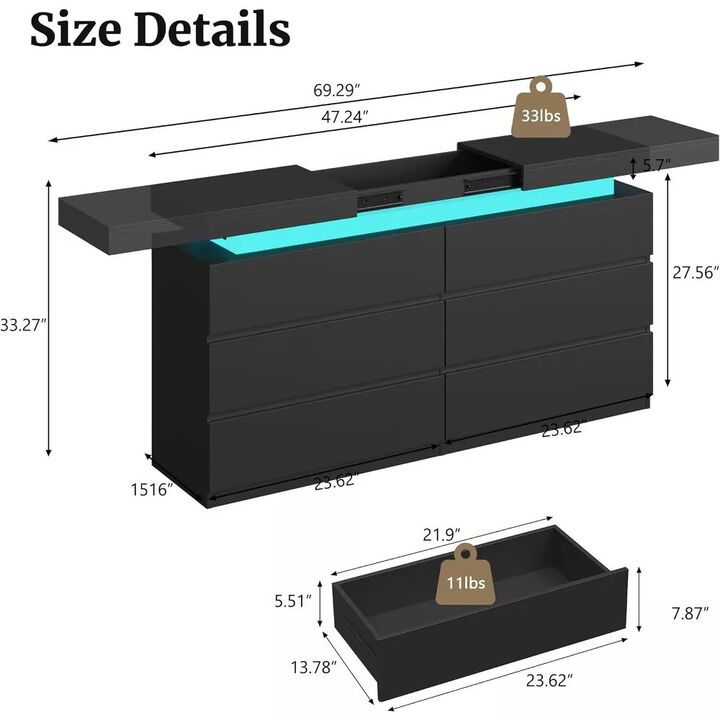 Vipbear 6-Drawer Vanity Desk with LED and Sliding Top Storage - Dresser for Bedroom, Living Room
