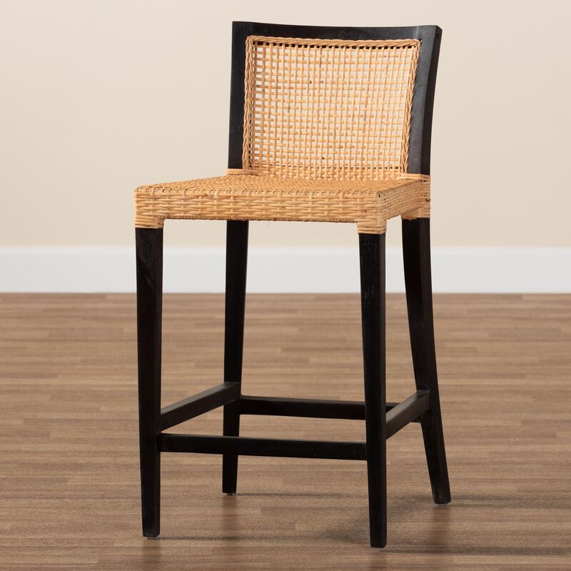 Bali & Pari Lingga Modern Dark Brown Mahogany Wood and Natural Rattan Counter Stool