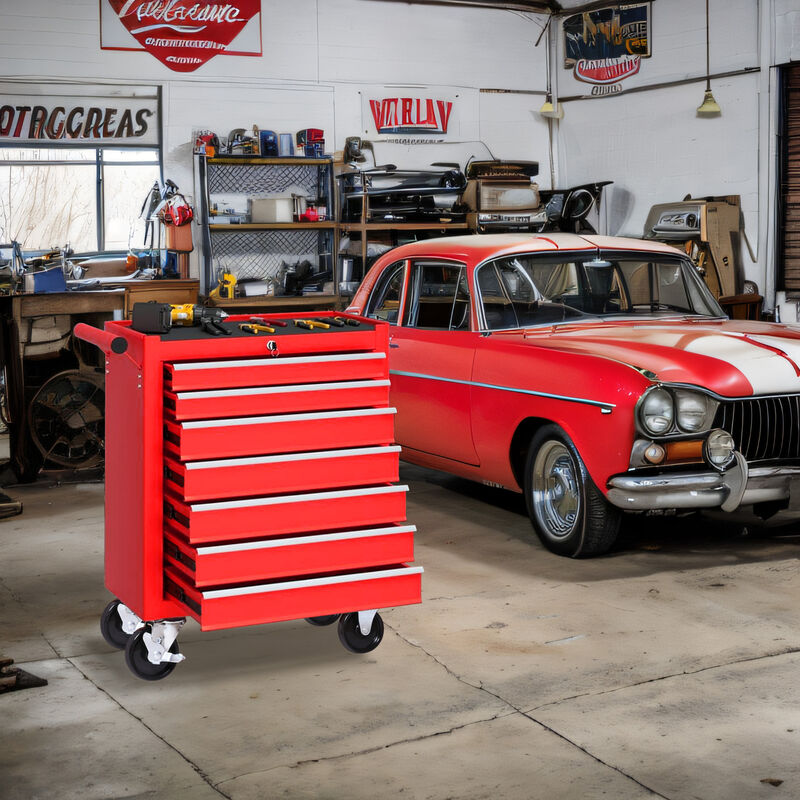 Tool Chest With 7-Drawer Rolling Tool Box – Red Steel Tool Cart With Key Lock, 100lb Drawer Capacity, 5-Inch Casters, Garage Workshop Storage