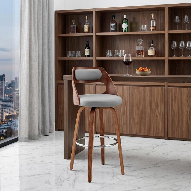 HomeRoots 30" Gray And Brown Faux Leather Swivel Bar Height Bar Chair image number 1