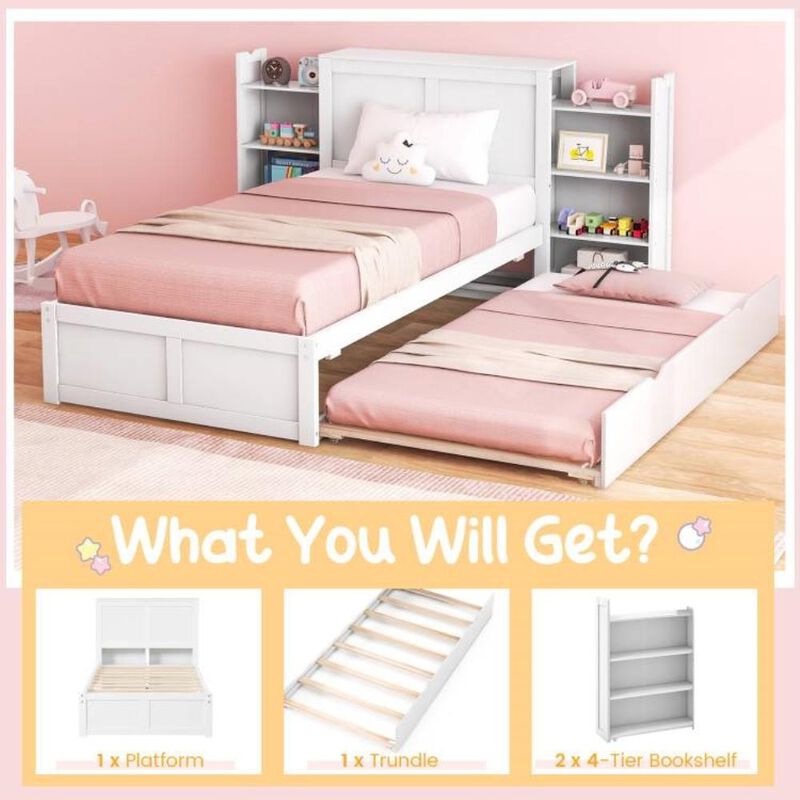 Hivvago Twin/Full Wood Platform Bed w/ Trundle and Storage Bookcase Headboard in White image number 1