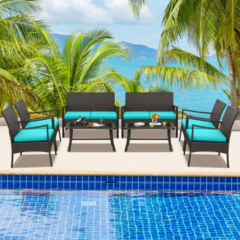 Hivvago 4 Pieces Outdoor Rattan Conversation Set with Tempered Glass Coffee Table