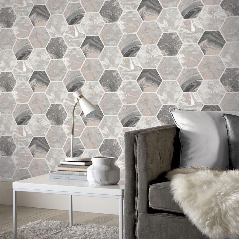 Marlon Charcoal Hexagon Tiles Wallpaper image number 1